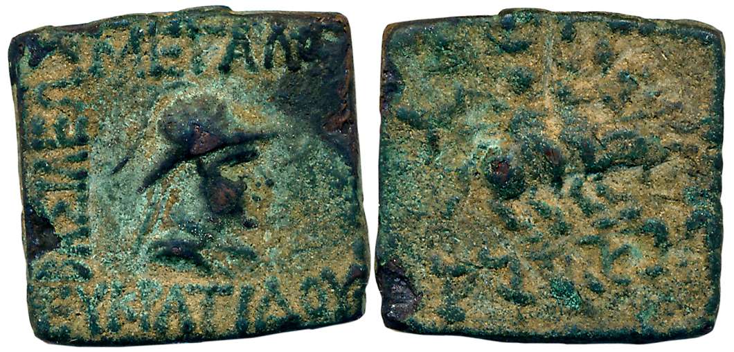 Indo Greeks, Eukratides I, Copper, 8.57g, Obv: Helmeted bust of king facing right, Greek l