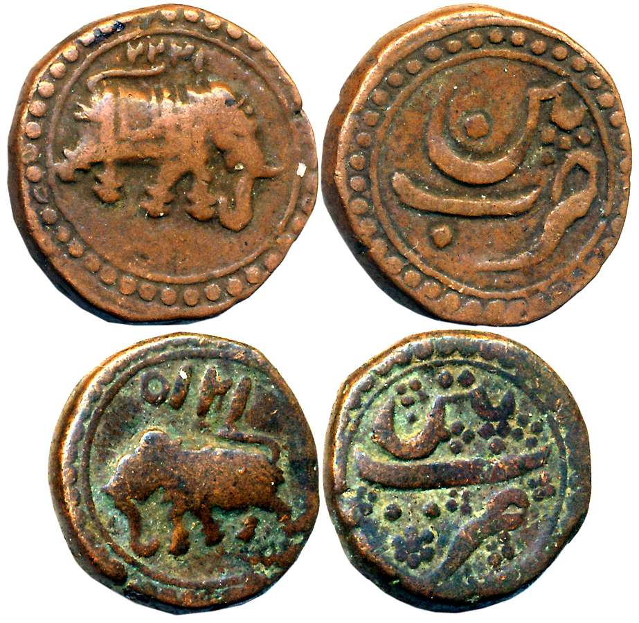 Tipu Sultan, Copper 1/2 Paisa (2), 5.45g, 5.64g, Patan Mint, AM 1222 (retro), Elephant to 