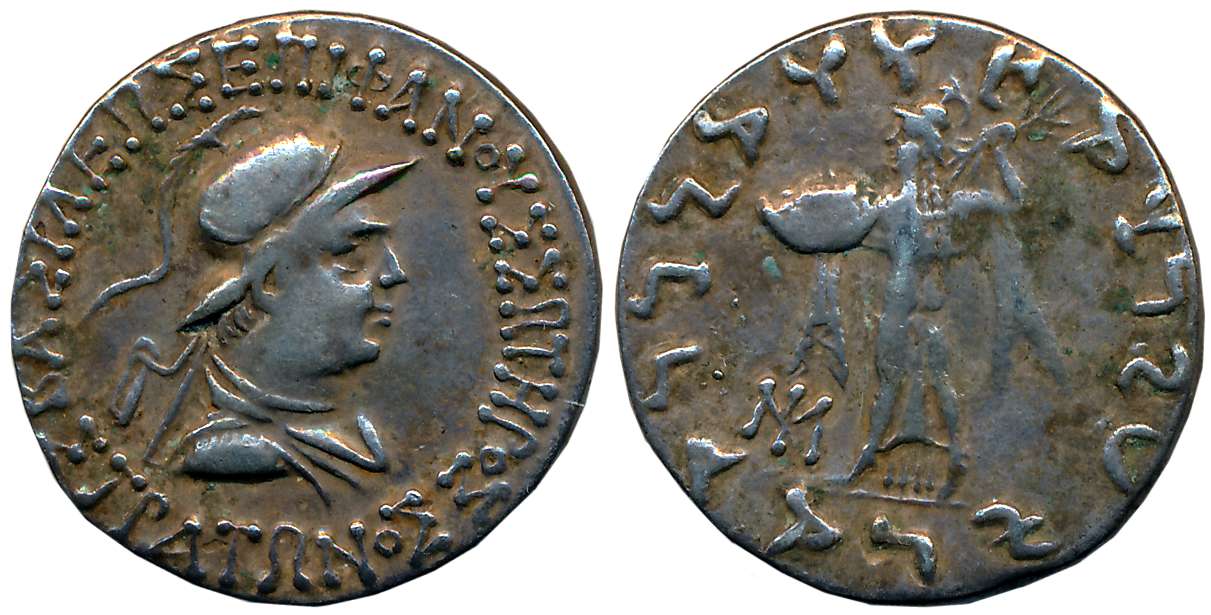 Indo Greeks, Straton I, Silver Tetradrachm, 8.73g, Obv: Diademed bust of king in horned Bo