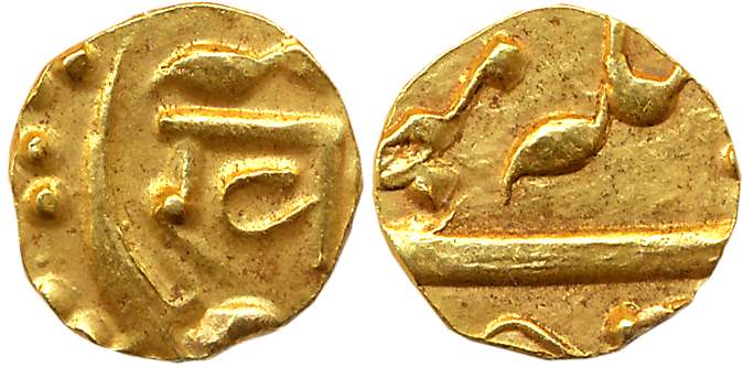 Khande Rao, Gold 1/4 Mohur, 2.74g, Devnagari “Kha” & Scimtiar (KM# Y3). Mount removed othe