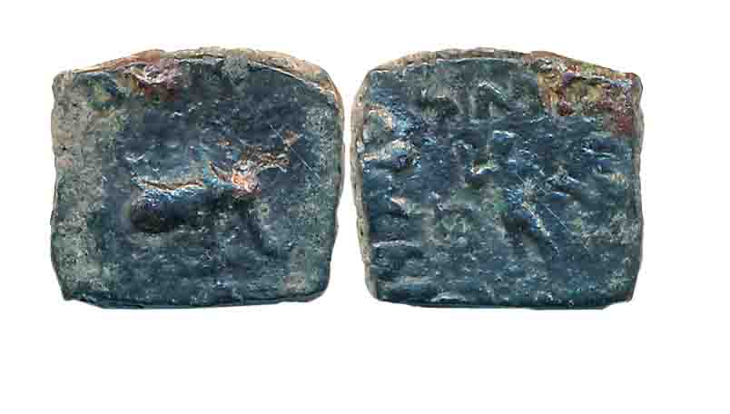 Indo Scythians, Mujatria son of Kharahostes, Copper, 2.24g, Obv: King mounted on horse hol