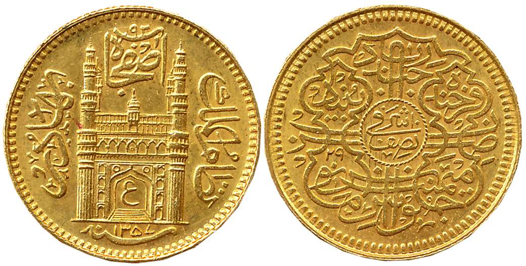 Mir Usman Ali Khan, Gold 1/2 Ashrafi, 5.50g, Farkhanda Bunyad Mint, AH 1357/ RY 29, Obv: C