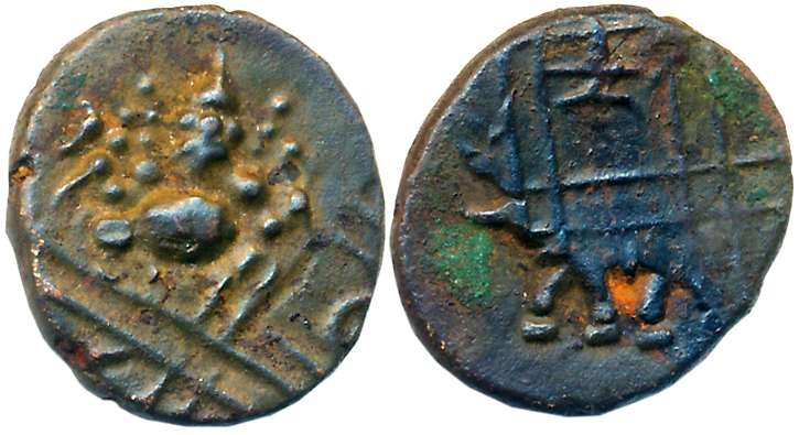 Copper 2.92g, Lord Ganesha, over struck on early Mysore coin, Obv: Lord Ganesha seated fac