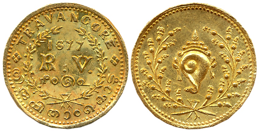 Rama Varma IV, Thiruvithamcore Varahan, Gold Half Kazhanju, 2.52g, 1877, Obv: Large RV wit