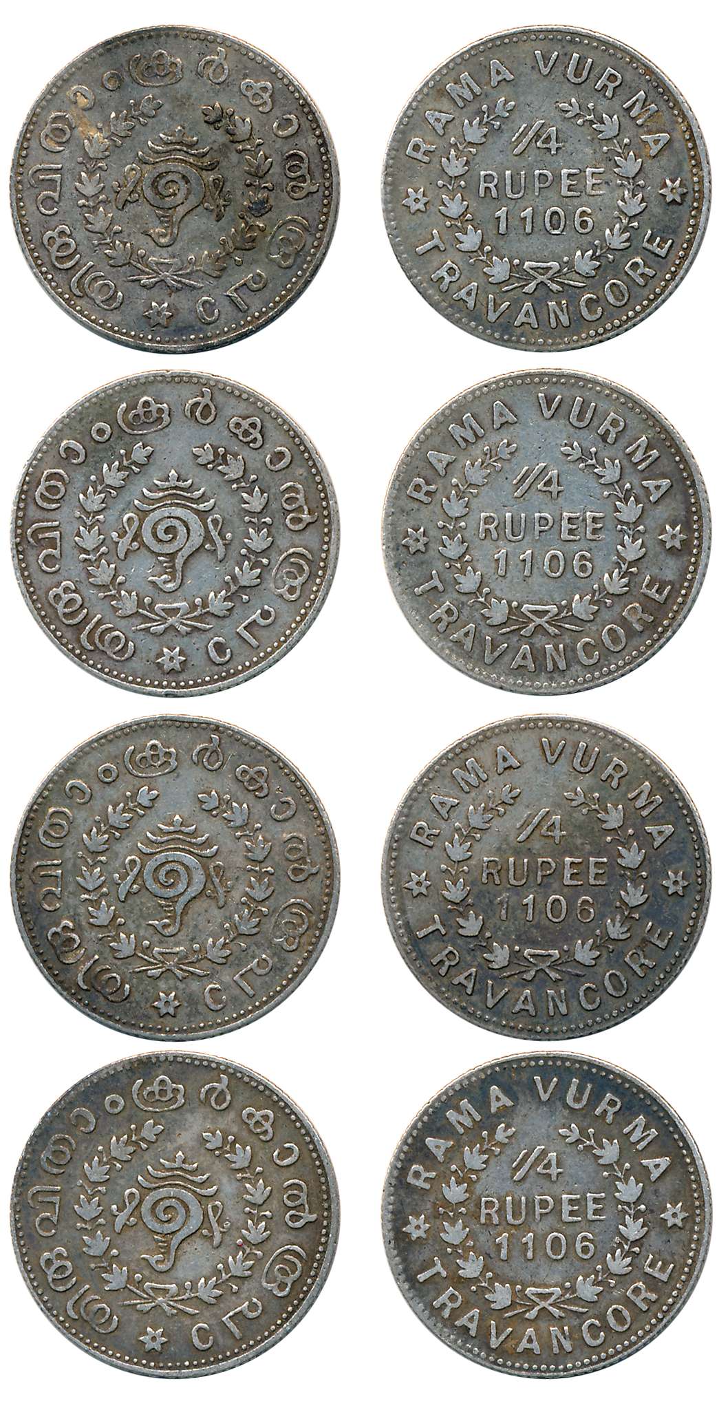 Rama Varma VI, Silver 1/4 Rupees (4), 2.59g, 2.62g, 2.62g, 2.64g, ME 1106, Obv: Sankha (Co