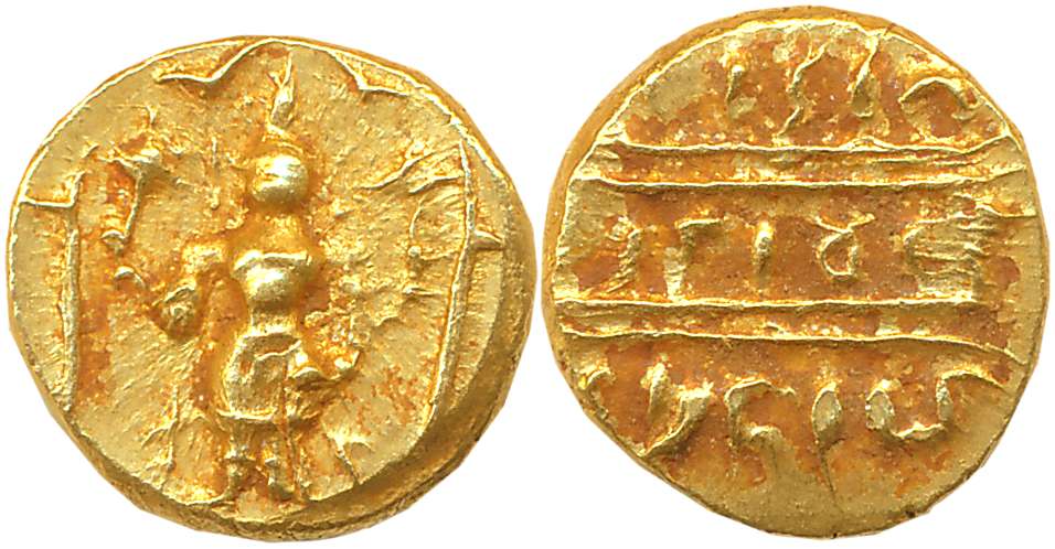 Gold 1/2 Pagoda, 1.71g, Pulicat, Obv: Lord Venkateshwara, standing within a decorated fram