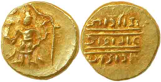 Gold 1/2 Pagoda, 1.74g, Pulicat Mint, Obv: Lord Venkateshwara, standing within a decorated