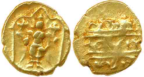 Gold 1/2 Pagoda, 1.73g, Pulicat Mint, Obv: Lord Venkateshwara, standing within a decorated