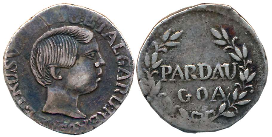 Goa, D. Pedro V, Silver Pardao, 5.48g, 1860, Obv: Head to right, legend around Rev: Value 
