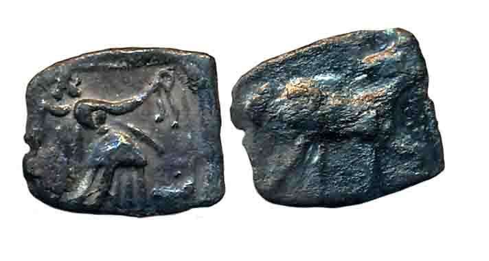 Indo Scythians, Anepigraphic, Copper, 0.55g, early coinage (Mitch# 2142-46). Very fine, ra