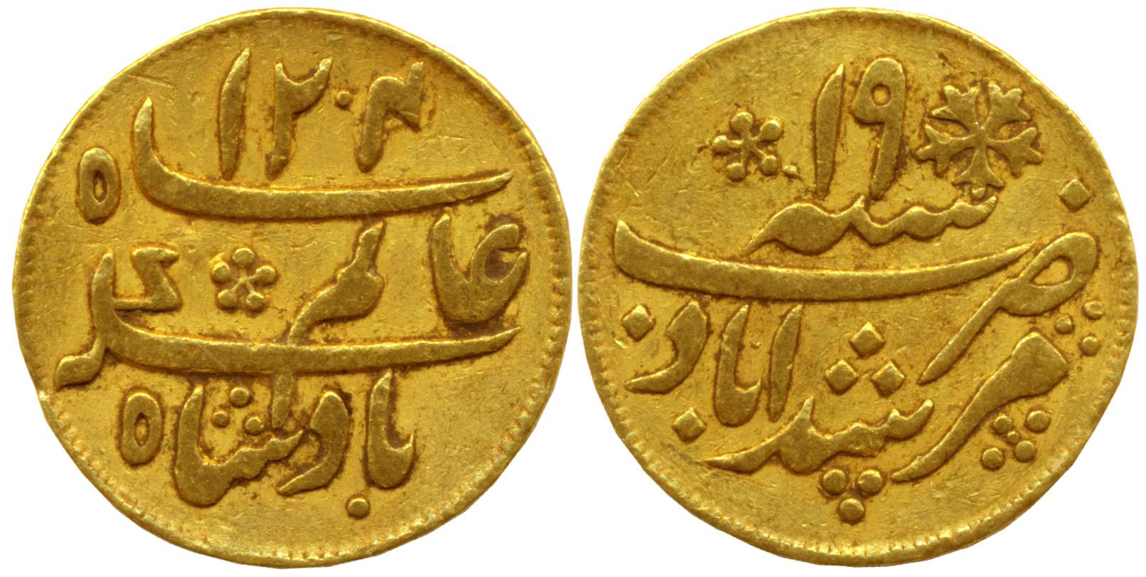Murshidabad, Gold 1/4 Mohur, 3.06g, Calcutta Mint, in the name of Shah Alam II, AH 1204/ R
