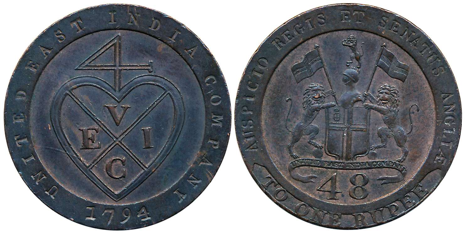 Copper 1/48 Rupee, 1794, Soho Mint, Obv: Arms of E.I.Co, Rev: Bale mark & date (KM# 398). 