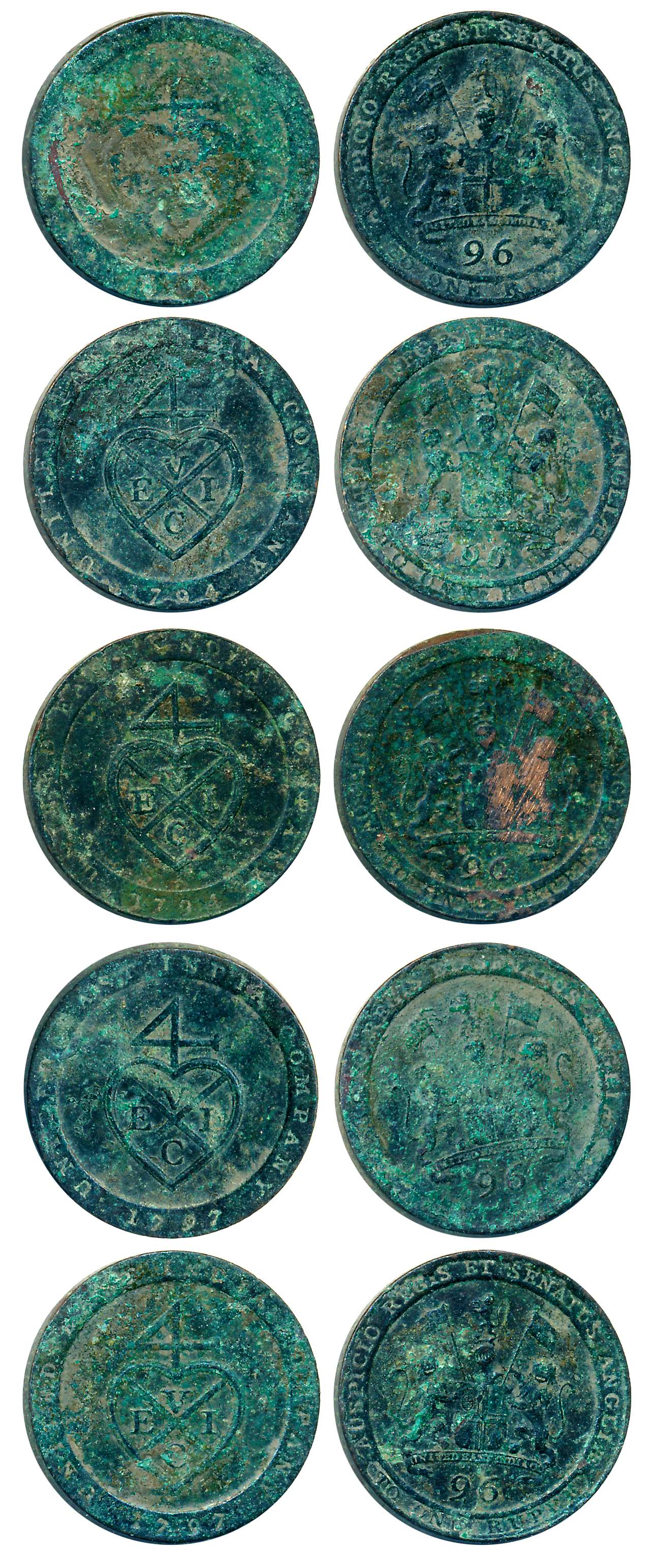 Copper 1/96 Rupee- 1/2 Dub (5), 1797, Soho Mint, Obv: Coat of arms of the East India Compa