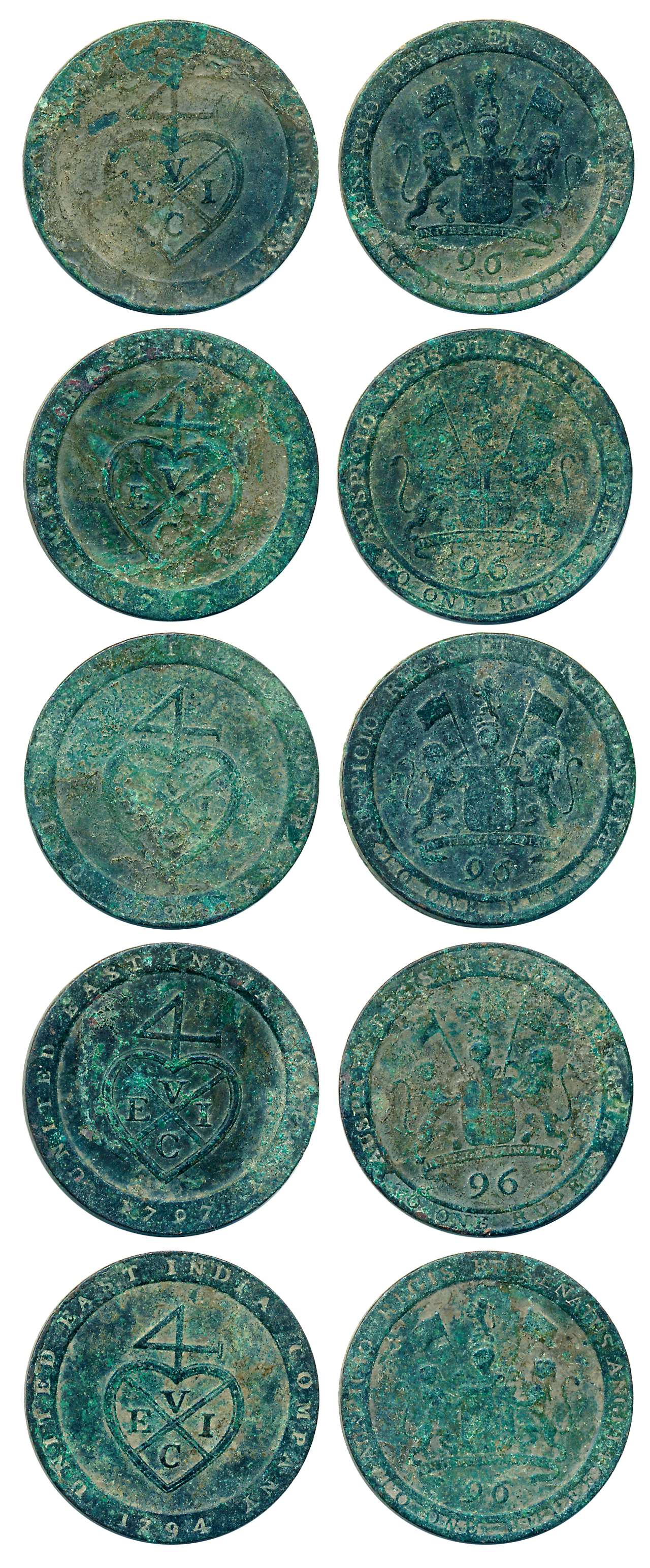 Copper 1/96 Rupee- 1/2 Dub (5), 1797, Soho Mint, Obv: Coat of arms of the East India Compa