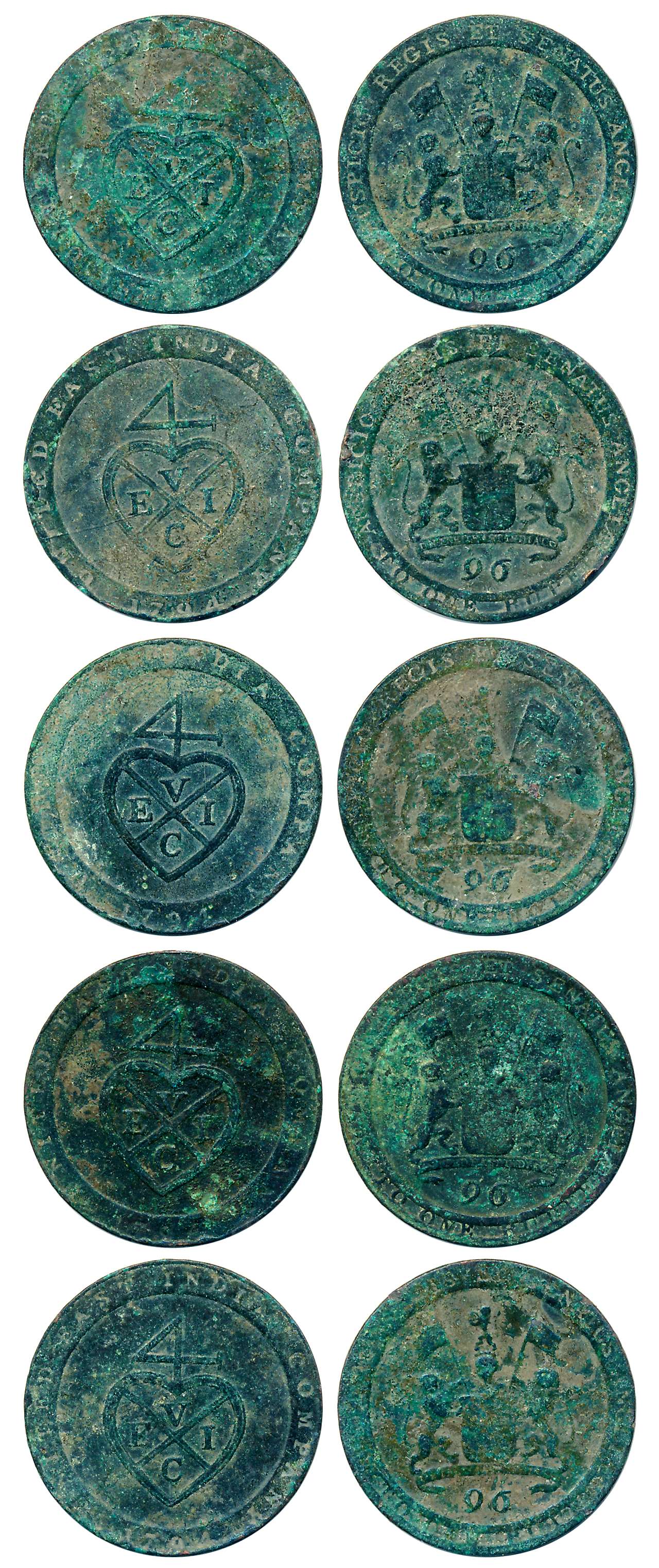 Copper 1/96 Rupee- 1/2 Dub (5), 1797, Soho Mint, Obv: Coat of arms of the East India Compa