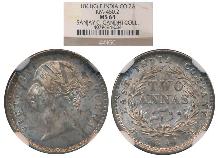 Victoria Queen, Silver 2 Anna, 1841, Calcutta Mint (KM# 460.2). Slab & Graded by NGC as MS