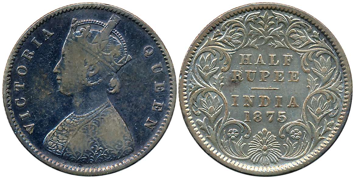 Victoria Queen, Silver 1/2 Rupee, 1875. About very fine.