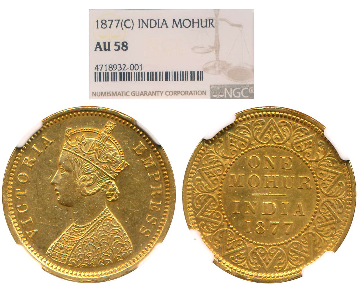 Victoria Empress, Gold Mohur, 1877, Obv: 2 flowers in bottom panel of Jabot & re-arrange e