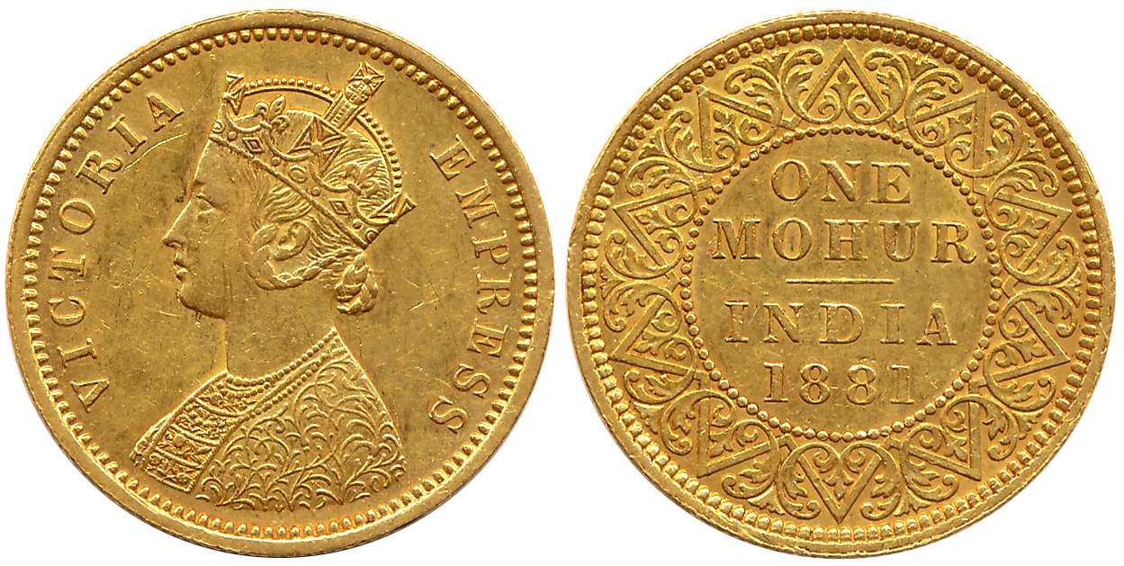 Victoria Empress, Gold Mohur, 11.68g, 1881, Calcutta Mint, Obv: Crowned & robed bust to le