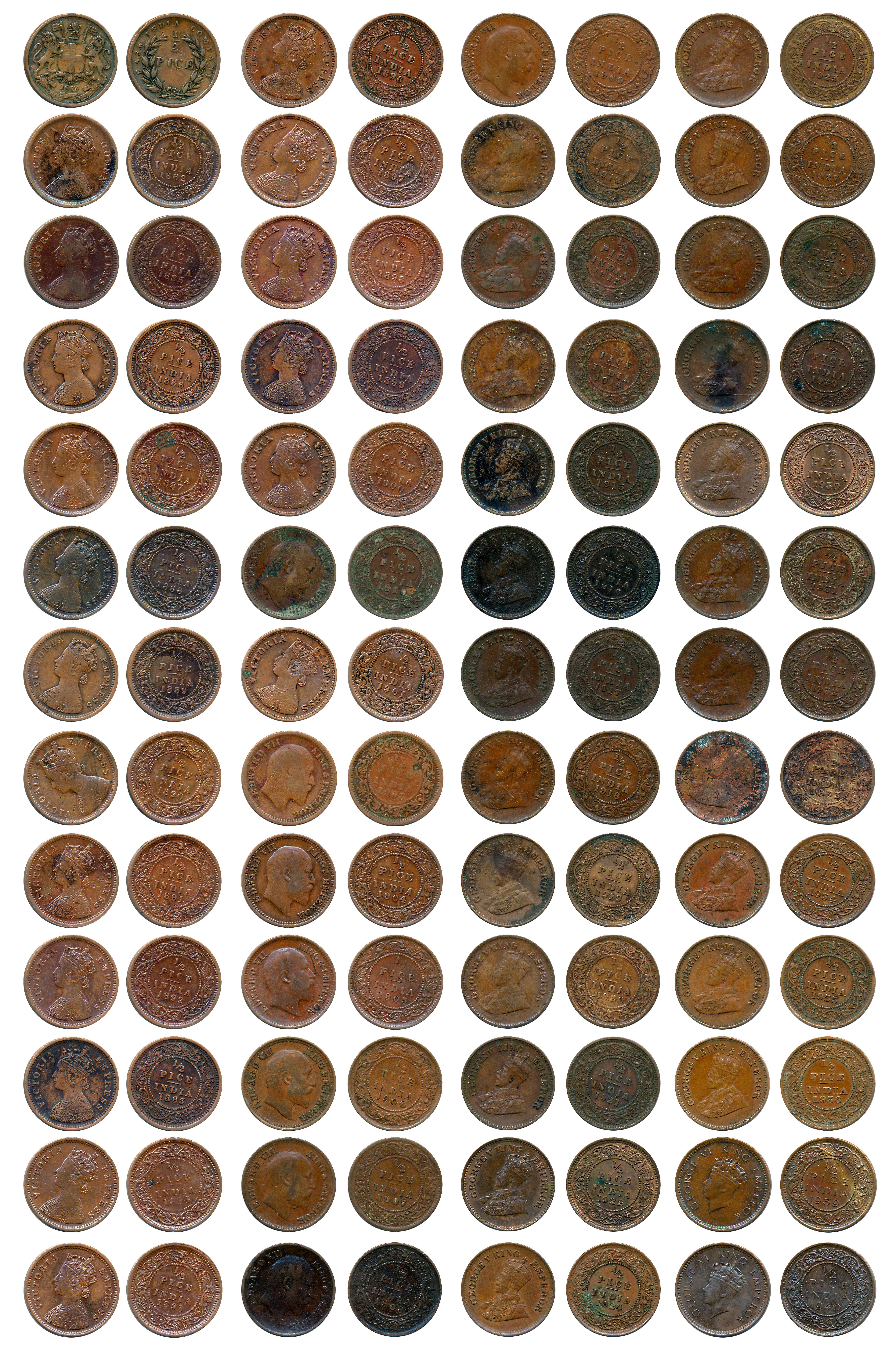 Copper 1/2 Pice (52), Datewise collection, Uniform Currency, Victoria Queen, Victoria Empr