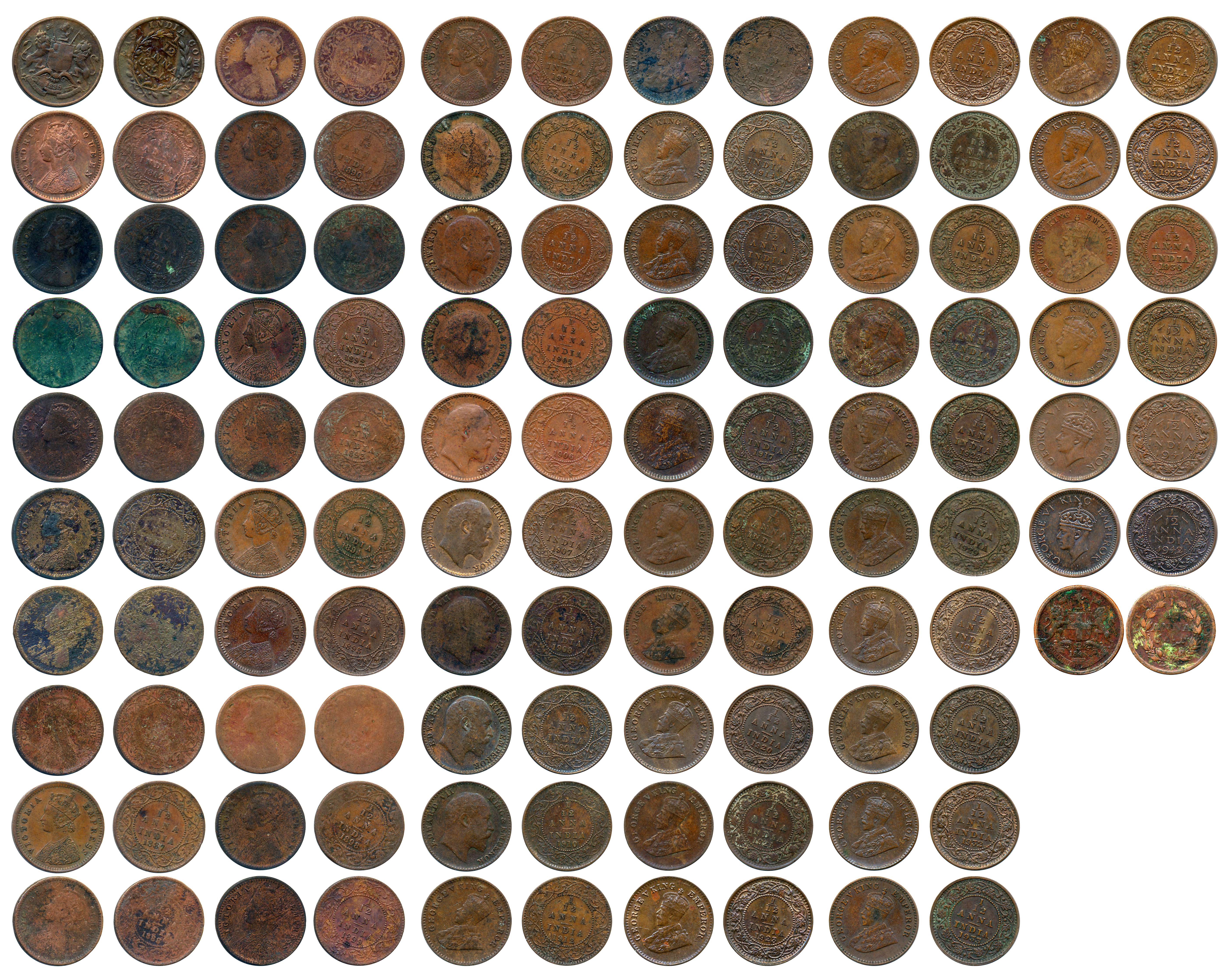 Copper 1/12 Anna (57), Datewise collection, Uniform Currency, Victoria Queen, Victoria Emp