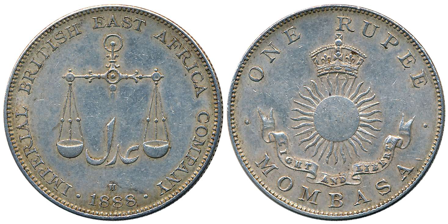 Mombasa, Silver 1 Rupee, 11.69g, 1888H, Birmingham Mint, Obv: Scales above date, Rev: Crow