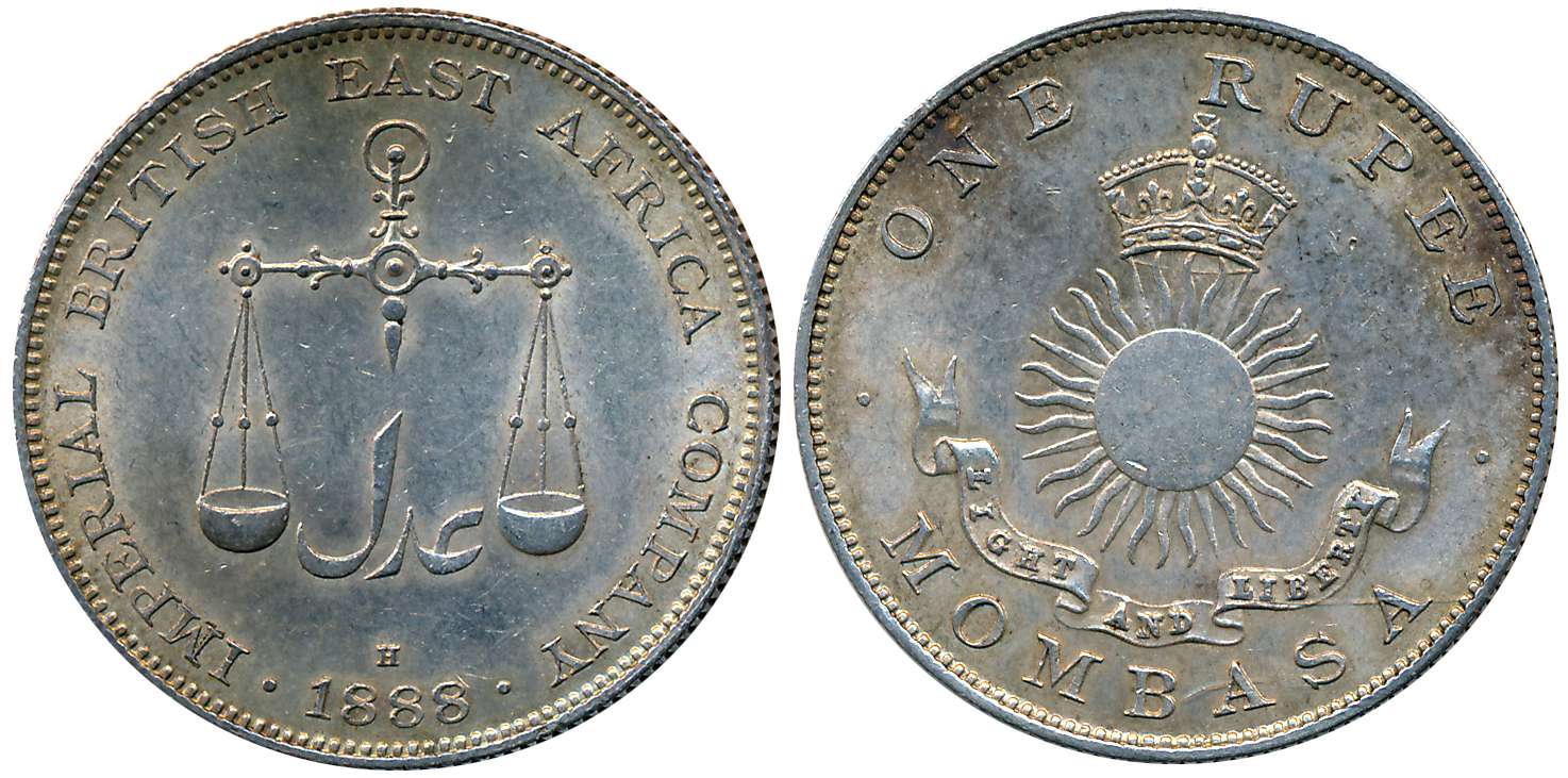 Mombasa, Silver 1 Rupee,11.67g, 1888H, Birmingham Mint, Obv: Scales above date, Rev: Crown