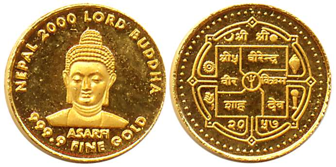 Nepal, Sri Virendra Vir Vikram Shah, Proof, Gold Asarfi, 999.9, 0.35g, “Lord Buddha”, 2000