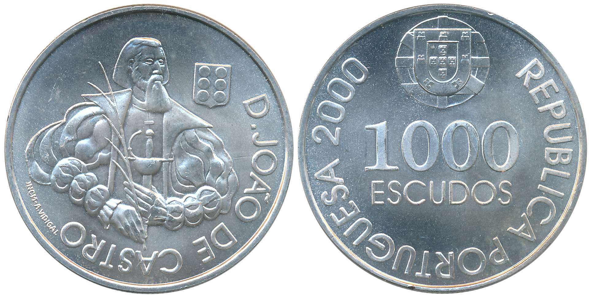 Portugal, Silver 1000 Escudos, 26.69g, Proof, Obv: “D. JOAO DE CASTRO”, Rev: “REPUBLICA PO