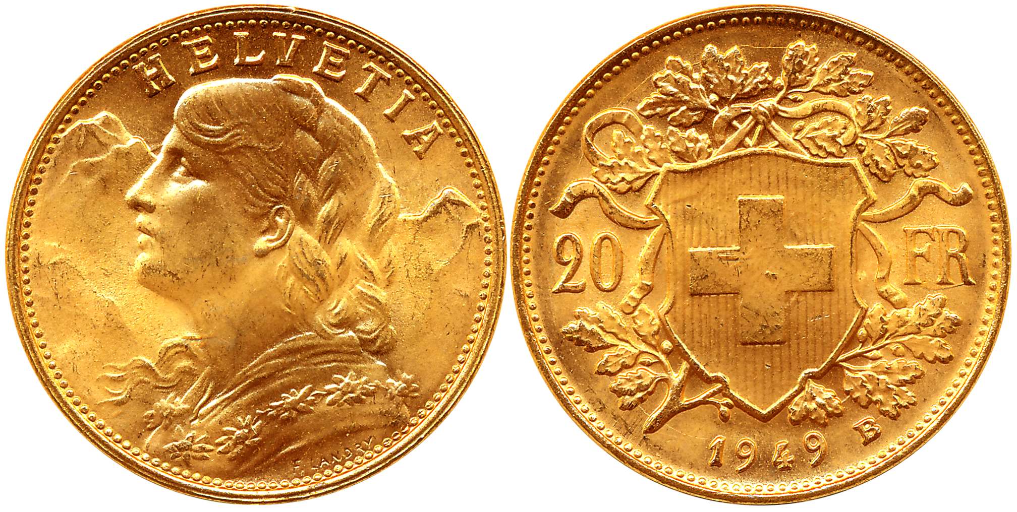 Switzerland, Gold 20 Francs, 6.46g, Obv: Young female portrait, wearing flower garland, fa