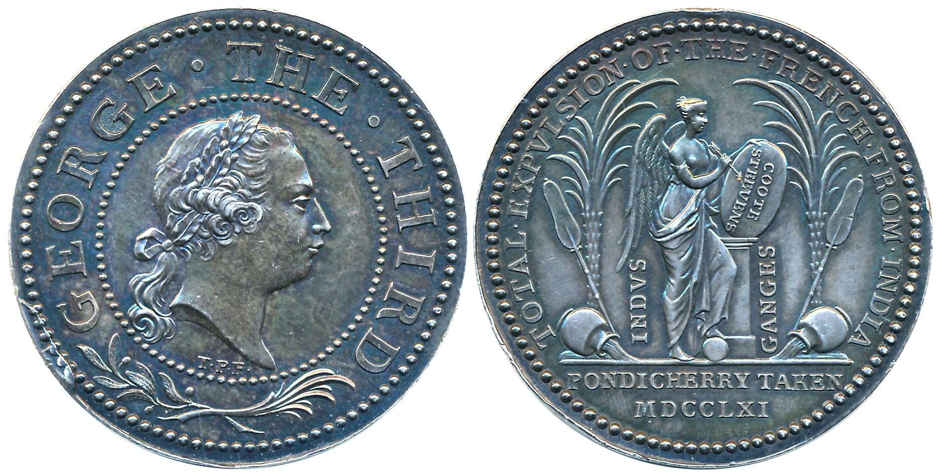 George III, Silver Medal, 26.61g, India Pondicherry Taken, 1761, Obv: laureate head to rig