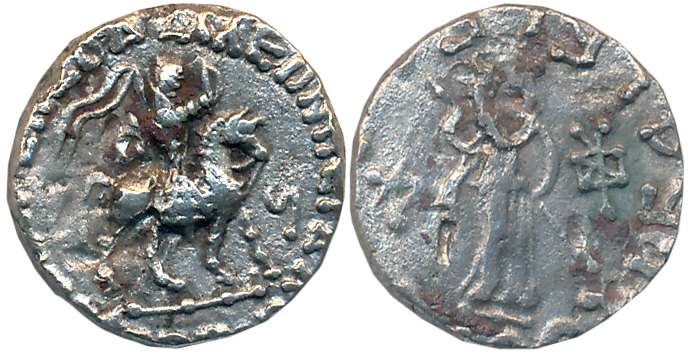 Indo Scythians, Azes II, Silver Drachma, 1.83g, Obv: Armored King advancing to right on ho