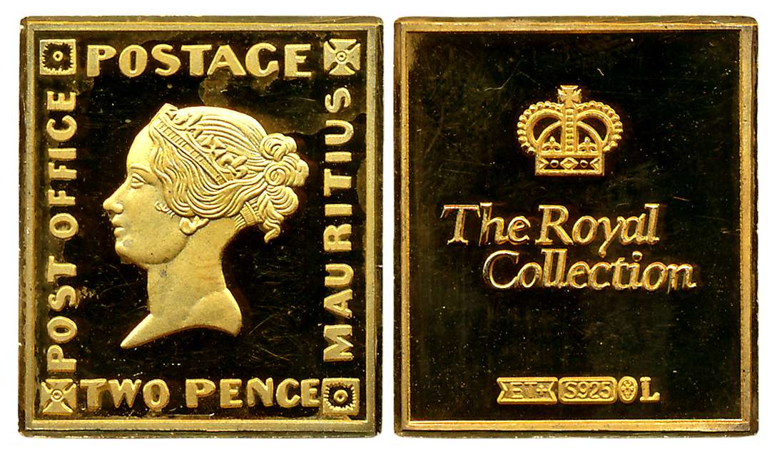 Mauritius Post, Stamp ingot, Victoria, Gold Guilt on Silver, 11.21g, Obv: Portrait of Quee