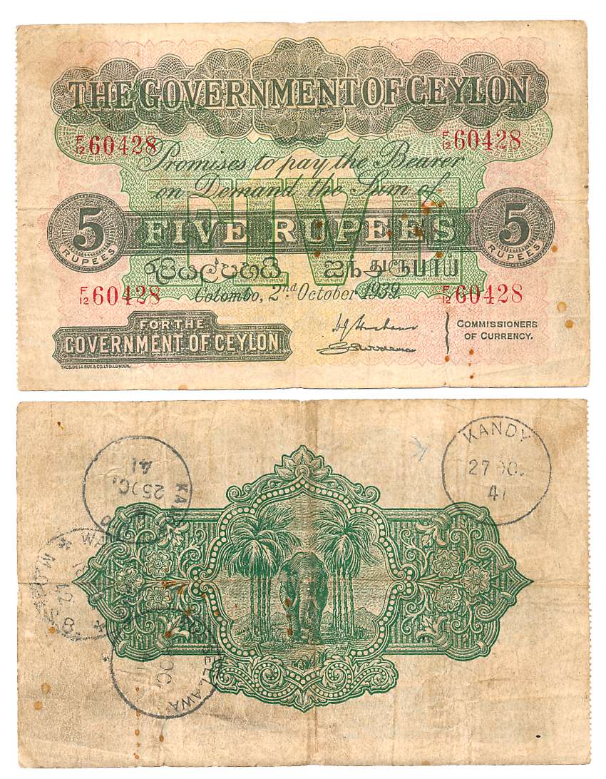 The Government of Ceylon (Sri Lanka), Rupees 5, Dated 2 October 1939 (Pick# 6). Very fine.