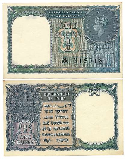 George VI, Rupee 1, Type 1, Signed C.E. Jones, Prefix G/65, Serial number in Black (Jhun# 