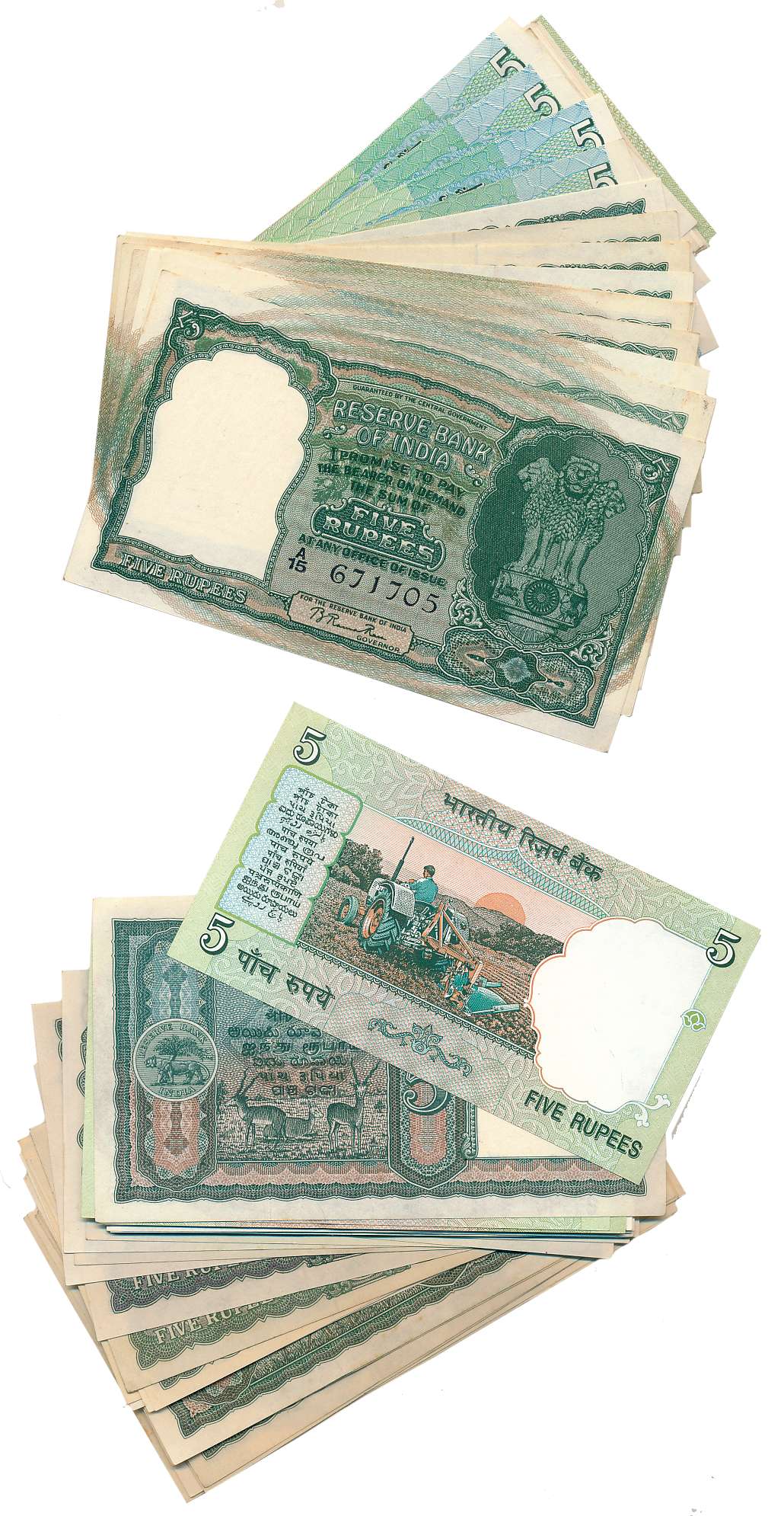 Rupees 5, Set of all 37 notes of the issued types and varieties right from B Rama Rau to D