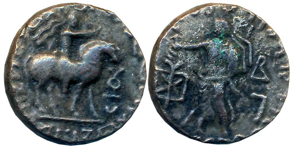 Indo Parthians, Abdagases, Copper Tetradrachm, 8.85g, Obv: King mounted on horse holding a