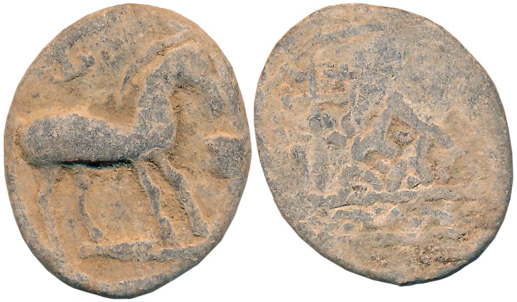 Ishvaku, Anantapur Region, Lead, 9.71g, Obv: Horse standing to right with an earth-ball in