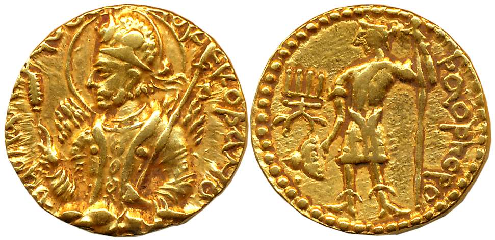Kushans, Huvishka, Gold Dinar, 7.96g, Obv: Crowned Nimbate half bust of Huvishka, with fla