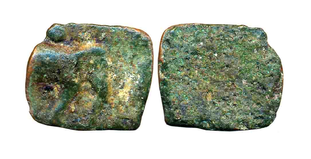 Sangam age Pandya, Copper, 2.49g, Obv: Elephant to right symbols above, Rev: Fish. Fine.