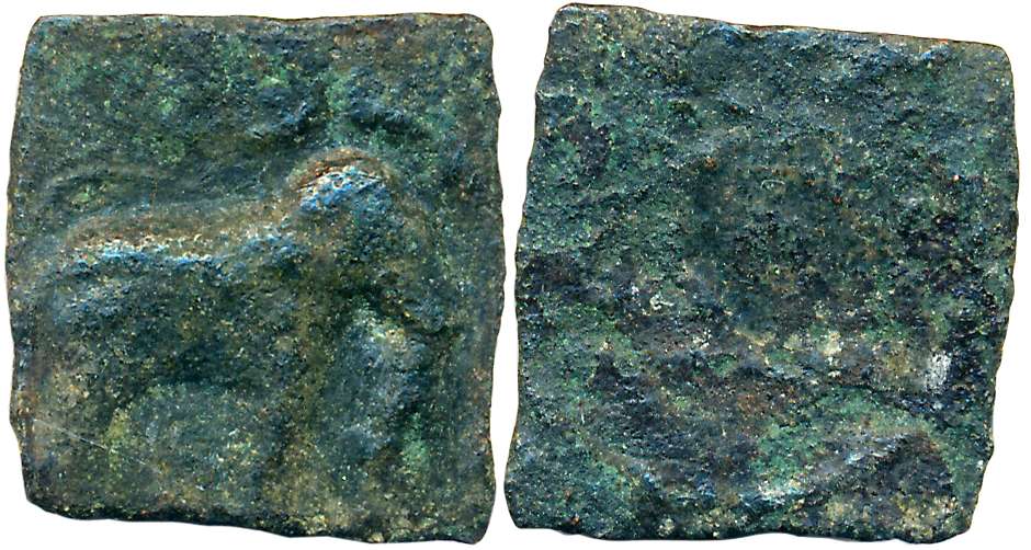 Sangam age Pandya, Copper, 2.51g, Obv: Elephant to right symbols above, Rev: Fish. Fine.