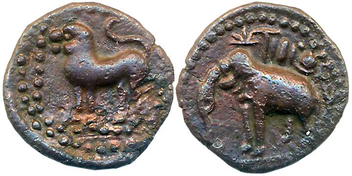 Sangam Cholas, Copper, 1.54g, Obv: Elephant to left symbols above with in dotted circle, R