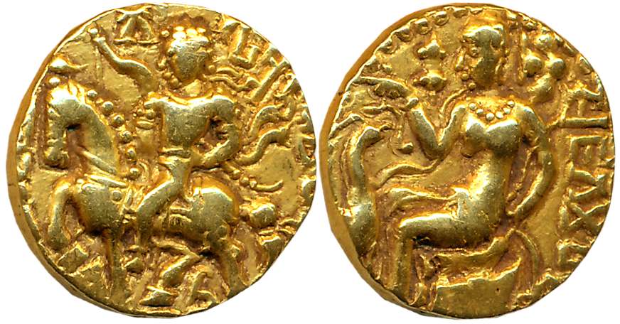 Guptas, Kumar Gupta, Gold Dinar, 8.10g, “Horseman” type, Obv: King riding caparisoned hors