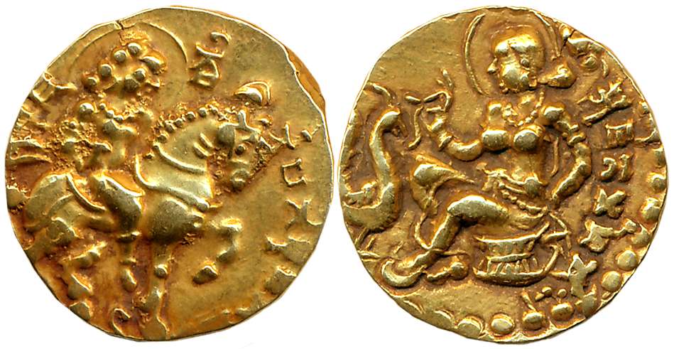Guptas, Kumar Gupta, Gold Dinar, 8.23g, “Horseman” type, Obv: King riding caparisoned hors