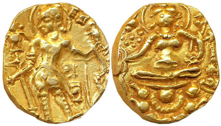 Guptas, Skanda Gupta, Gold Dinar, 8.74g, “Archer- Sankhanidhi” type, Obv: Nimbate figure o