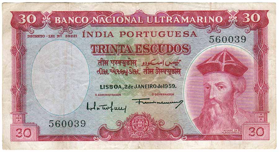 Indo-Portuguese, 30 Escudos, issue of 1959, Banco Nacional Ultramarino (Jhun# type 36). Ve