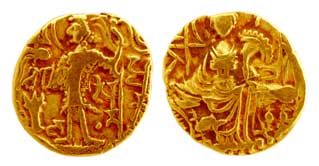 Later Kushanas, Base Gold, Dinar, sita written below the left elbow of the ruler on obv, s