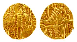 Later Kushanas, Base Gold, Dinar, sya written below the left elbow of the ruler on obv, se