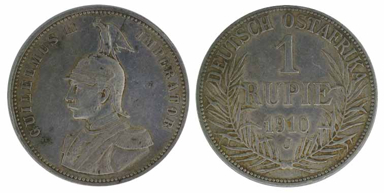 German East Africa, Silver, 1 Rupia 1910J. Very Fine, Scarce.
