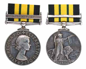 Elizabeth II, Silver, Africa General Service Medal, Kenya on the clasp. Awarded to T. P. R